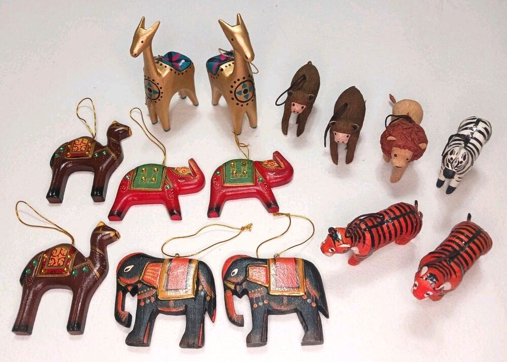 Lot Of 14 Hand Carved Wood & Paper Mache Wild Jungle Animal Christmas Ornaments